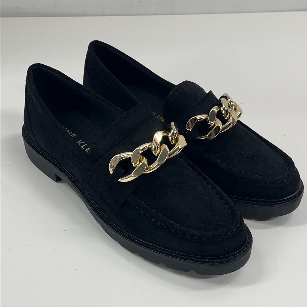 New Anne Klein Emmychain Loafer in Black/Gold Hardware Size 8